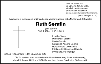 Traueranzeige von Ruth Serafin von Giessener Allgemeine, Alsfelder Allgemeine