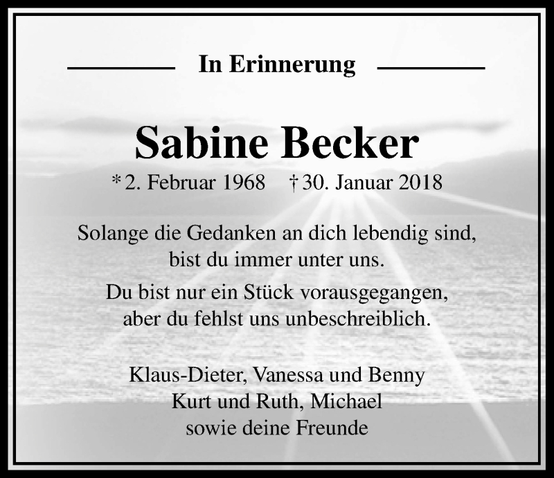  Traueranzeige für Sabine Becker vom 31.01.2019 aus Licher Wochenblatt, Licher Wochenblatt, Licher Wochenblatt