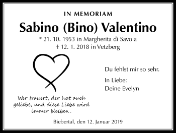 Traueranzeige von Sabino Valentino von Giessener Allgemeine, Alsfelder Allgemeine