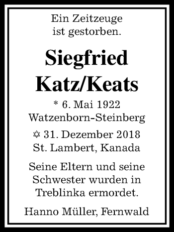 Traueranzeige von Siegfried Katz/Keats von Giessener Allgemeine, Alsfelder Allgemeine