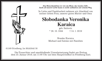 Traueranzeige von Slobodanka Veronika Karaica von Wetterauer Zeitung, Wetterauer Zeitung