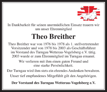 Traueranzeige von Theo Breither von Wetterauer Zeitung, Wetterauer Zeitung