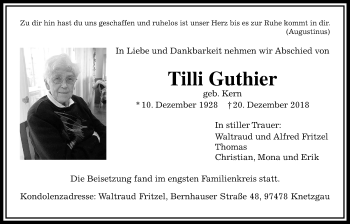 Traueranzeige von Tilli Guthier von Wetterauer Zeitung, Wetterauer Zeitung