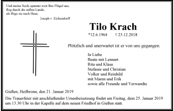 Traueranzeige von Tilo Krach von Giessener Allgemeine, Alsfelder Allgemeine