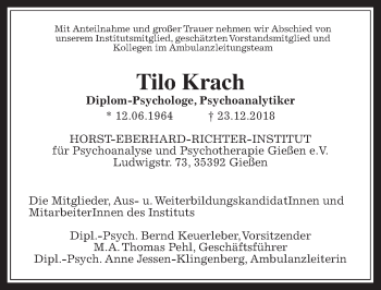 Traueranzeige von Tilo Krach von Giessener Allgemeine, Alsfelder Allgemeine, Wetterauer Zeitung, Wetterauer Zeitung