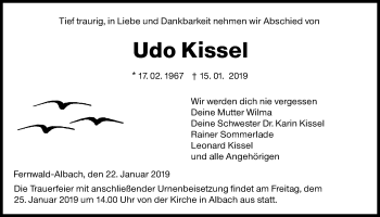 Traueranzeige von Udo Kissel von Giessener Allgemeine, Alsfelder Allgemeine