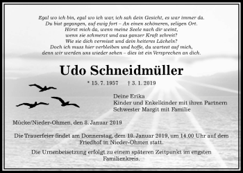 Traueranzeige von Udo Schneidmüller von Giessener Allgemeine, Alsfelder Allgemeine