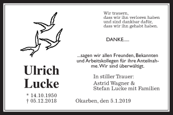 Traueranzeige von Ulrich Lucke von Wetterauer Zeitung, Wetterauer Zeitung