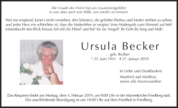 Traueranzeige von Ursula Becker von Wetterauer Zeitung, Wetterauer Zeitung