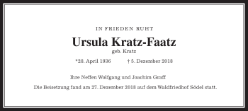 Traueranzeige von Ursula Kratz-Faatz von Wetterauer Zeitung, Wetterauer Zeitung