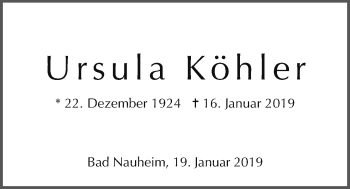 Traueranzeige von Ursula Köhler von Wetterauer Zeitung, Wetterauer Zeitung
