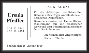 Traueranzeige von Ursula Pfeiffer von Giessener Allgemeine, Alsfelder Allgemeine