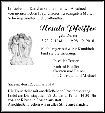 Traueranzeige von Ursula Pfeiffer von Giessener Allgemeine, Alsfelder Allgemeine