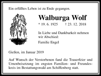 Traueranzeige von Walburga Wolf von Giessener Allgemeine, Alsfelder Allgemeine
