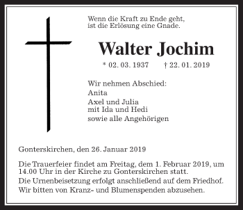 Traueranzeige von Walter Jochim von Giessener Allgemeine, Alsfelder Allgemeine