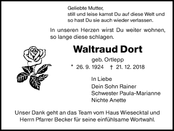 Traueranzeige von Waltraud Dort von Giessener Allgemeine, Alsfelder Allgemeine