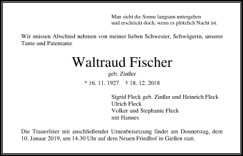 Traueranzeige von Waltraud Fischer von Giessener Allgemeine, Alsfelder Allgemeine