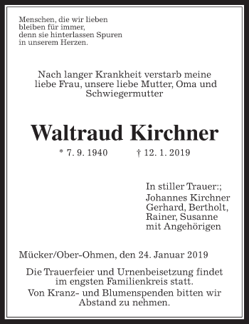 Traueranzeige von Waltraud Kirchner von Mücker Stimme