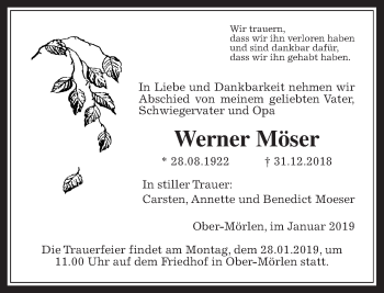 Traueranzeige von Werner Möser von Wetterauer Zeitung, Wetterauer Zeitung