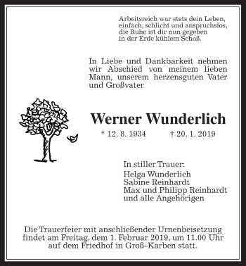 Traueranzeige von Werner Wunderlich von Giessener Allgemeine, Alsfelder Allgemeine