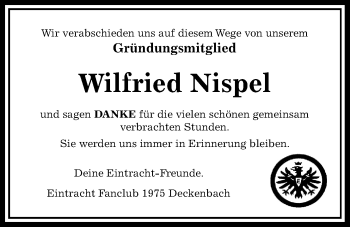 Traueranzeige von Wilfried Nispel von Giessener Allgemeine, Alsfelder Allgemeine