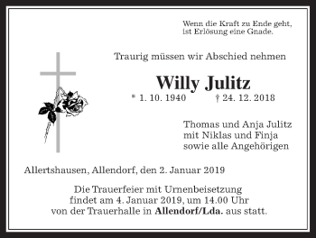 Traueranzeige von Willy Julitz von Giessener Allgemeine, Alsfelder Allgemeine