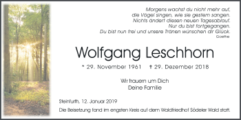 Traueranzeige von Wolfgang Leschhorn von Wetterauer Zeitung, Wetterauer Zeitung