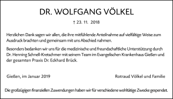 Traueranzeige von Wolfgang Völkel von Giessener Allgemeine, Alsfelder Allgemeine