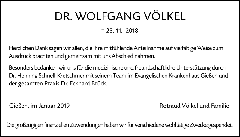  Traueranzeige für Wolfgang Völkel vom 12.01.2019 aus Giessener Allgemeine, Alsfelder Allgemeine