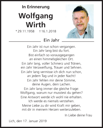 Traueranzeige von Wolfgang Wirth von Licher Wochenblatt, Licher Wochenblatt, Licher Wochenblatt