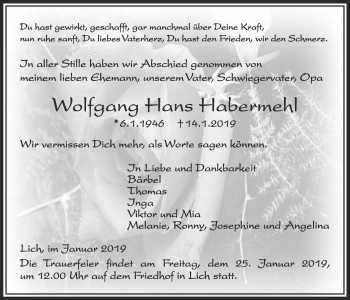 Traueranzeige von Wolfgang Hans Habermehl von Licher Wochenblatt, Licher Wochenblatt, Licher Wochenblatt