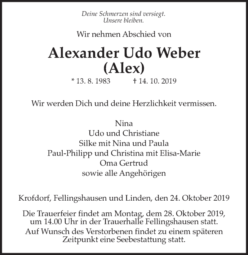  Traueranzeige für Alexander Udo Weber vom 24.10.2019 aus Giessener Allgemeine, Alsfelder Allgemeine