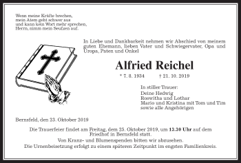 Traueranzeige von Alfried Reichel von Alsfelder Allgemeine