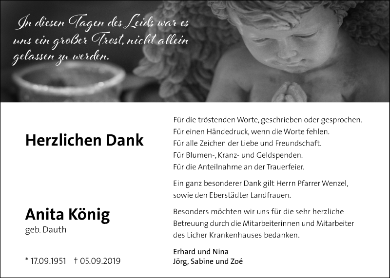  Traueranzeige für Anita König vom 10.10.2019 aus Licher Wochenblatt