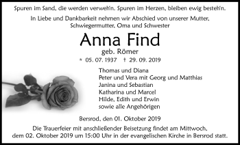 Traueranzeige von Anna Find von Giessener Allgemeine, Alsfelder Allgemeine