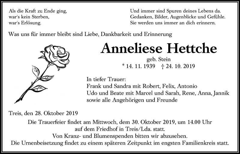  Traueranzeige für Anneliese Hettche vom 28.10.2019 aus Giessener Allgemeine, Alsfelder Allgemeine