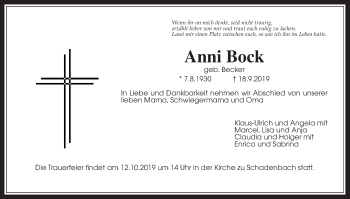 Traueranzeige von Anni Bock von Alsfelder Allgemeine