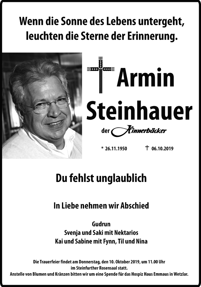  Traueranzeige für Armin Steinhauer vom 08.10.2019 aus Wetterauer Zeitung