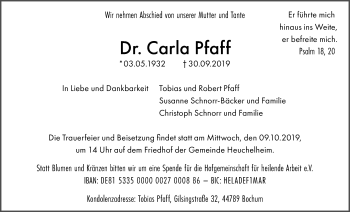 Traueranzeige von Carla Pfaff von Giessener Allgemeine, Alsfelder Allgemeine
