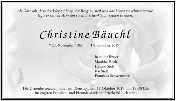 Traueranzeige von Christine Bäuchl von Licher Wochenblatt