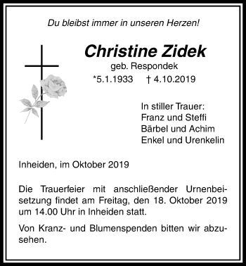 Traueranzeige von Christine Zidek von Licher Wochenblatt