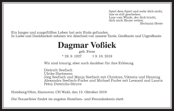 Traueranzeige von Dagmar Voßiek von Alsfelder Allgemeine