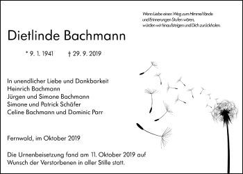 Traueranzeige von Dietlinde Bachmann von Giessener Allgemeine, Alsfelder Allgemeine