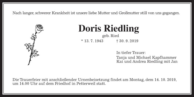  Traueranzeige für Doris Riedling vom 05.10.2019 aus Wetterauer Zeitung