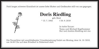 Traueranzeige von Doris Riedling von Wetterauer Zeitung
