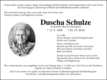Traueranzeige von Duscha Schulze von Giessener Allgemeine, Alsfelder Allgemeine