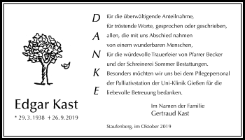 Traueranzeige von Edgar Kast von Giessener Allgemeine, Alsfelder Allgemeine
