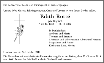 Traueranzeige von Edith Rotté von Giessener Allgemeine, Alsfelder Allgemeine