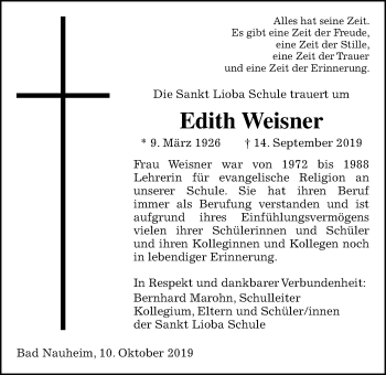 Traueranzeige von Edith Weisner von Wetterauer Zeitung