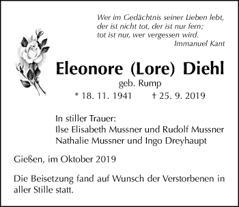 Traueranzeige von Eleonore Diehl von Giessener Allgemeine, Alsfelder Allgemeine